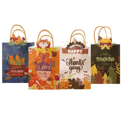 Gcardist Thanksgiving Gift Paper Bags Bags 4 Designs 3"6"8.3" Small Size 24-Packs Festival Party Favor Kraft Bags with Handle Bulk