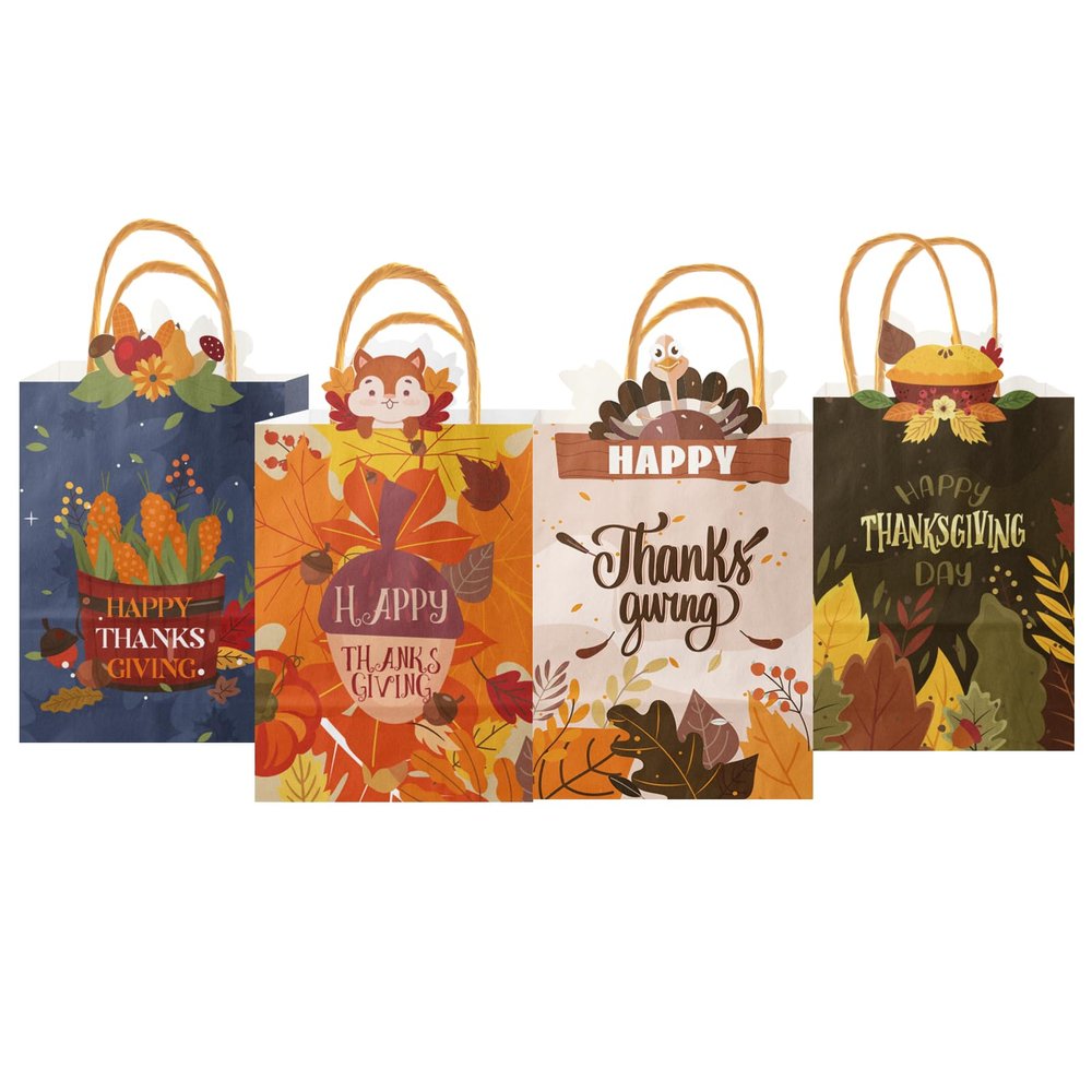 Gcardist Thanksgiving Gift Paper Bags Bags 4 Designs 3"6"8.3" Small Size 24-Packs Festival Party Favor Kraft Bags with Handle Bulk