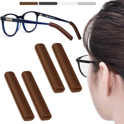 2 Pairs Silicone Glasses Ear Cushion, Eye Glasses Ear Grippers Anti Slip, Rubber Ear Pieces Non Slip, Soft Eyeglass Ear Cushions for Pain, Temple Sleeves Tips Ear Pads for Preventer (Brown)