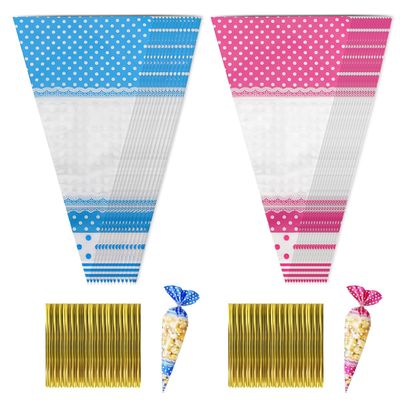 100Pcs Triangle Clear Cone-Shaped Treat Bags Popcorn Bags with Ties for Party Favor Supplies Cookie Wrapping, 2Colors