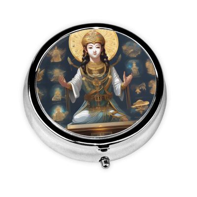 zhanglutian Statue of Godround Pill Box, 3 Compartment Round Pill Box Organizer, Portable Travel Pill Box for Traveling., Black