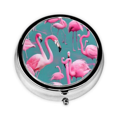 A Flock of Flamingosround Pill Box, 3 Compartment Round Pill Box Organizer,* Portable Travel Pill Box for Traveling.