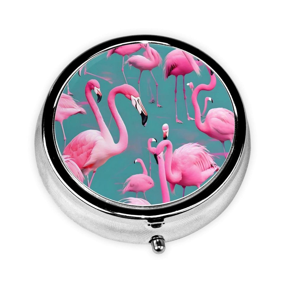 A Flock of Flamingosround Pill Box, 3 Compartment Round Pill Box Organizer,* Portable Travel Pill Box for Traveling.