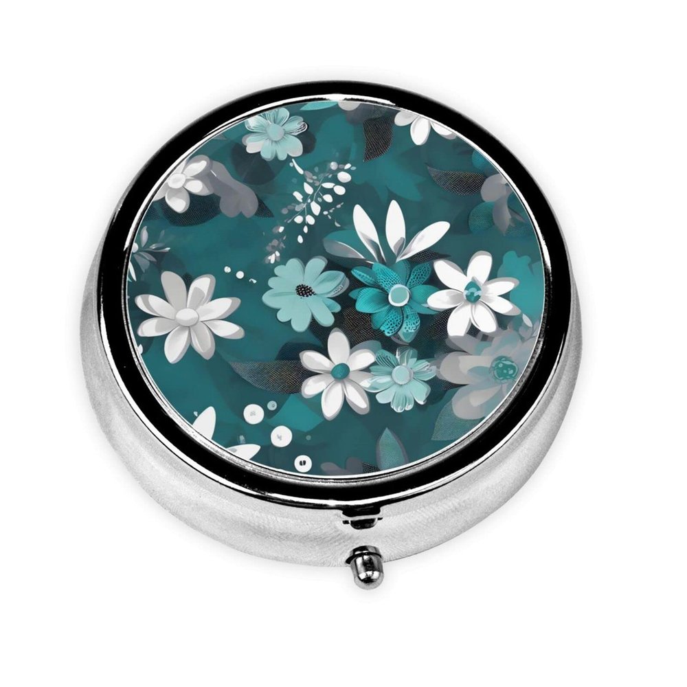 Teal Grey and White Floralround Pill Box, 3 Compartment Round Pill Box Organizer, Portable Travel Pill Box for Traveling.