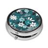 Teal Grey and White Floralround Pill Box, 3 Compartment Round Pill Box Organizer, Portable Travel Pill Box for Traveling. view 2