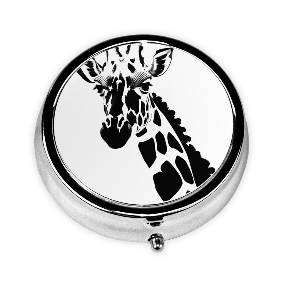 Black and White Girafferound Pill Box, 3 Compartment Round Pill Box Organizer, Portable Travel Pill Box for Traveling.