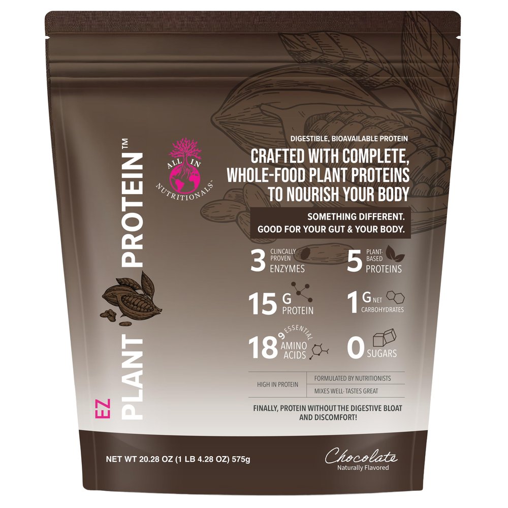 All In Nutritionals EZ Plant Protein, Vegan, Keto-Friendly, Dairy-Free, Soy-Free, Gluten-Free, in Chocolate, Blend of Rice, Peas, Sacha Inchi, and Pumpkin Seeds - NO Bloat - with Digestive Enzymes