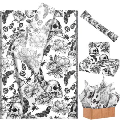 100 Sheets Vintage Skull and Floral Tissue Paper for Gift Wrapping Skull Rose Butterfly Spider Printed Tissue Paper for Gift Bags for Halloween Party DIY Craft, 20 14 Inches