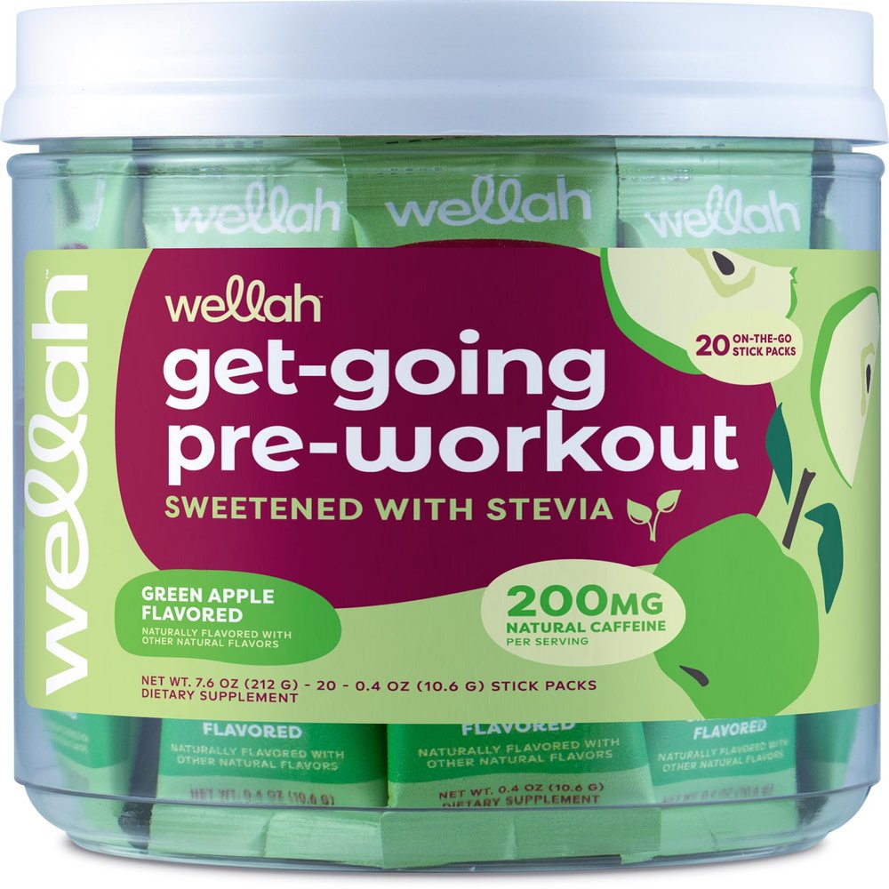 Wellah Get-Going Green Apple Flavored Pre-Workout Stickpacks (20 Servings) - with Citrulline Malate and L-Theanine, 200mg of Natural Caffeine & 1000mg of Beta-Alanine