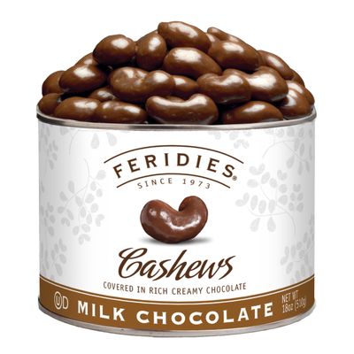 FERIDIES Milk Chocolate Covered Cashews - 18oz Vacuum Tin