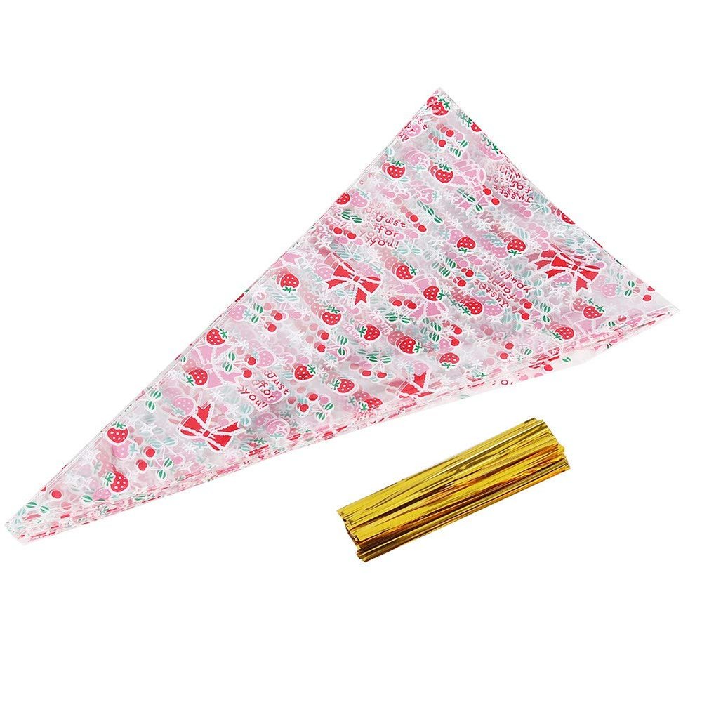 FLEXMAN 50Pcs Cone Shaped Treat Bags, 17X30cm Transparent Cello Bags Clear Bag with Twist Ties for Nuts Candy Popcorn Candy Corn Chocolates Cookies (Cherie 3 strands)