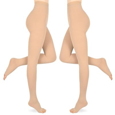 Compression Pantyhose for Women & Men 2 Pairs Open Toe 15-20mmHg Medical Graduated Compression Stockings Waist High Support Tights Opaque Leggings for Varicose Veins Edema Flight,Beige M
