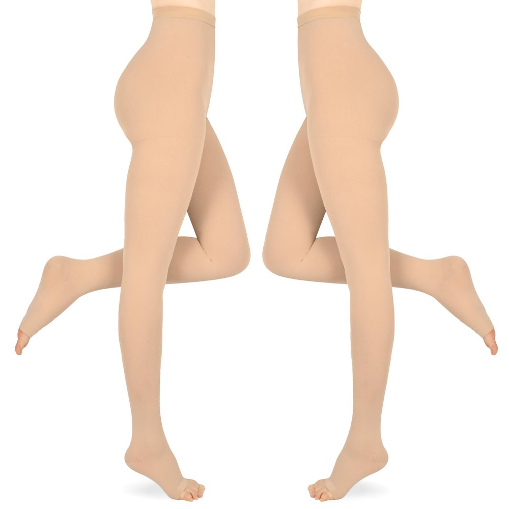 Compression Pantyhose for Women & Men 2 Pairs Open Toe 15-20mmHg Medical Graduated Compression Stockings Waist High Support Tights Opaque Leggings for Varicose Veins Edema Flight,Beige M