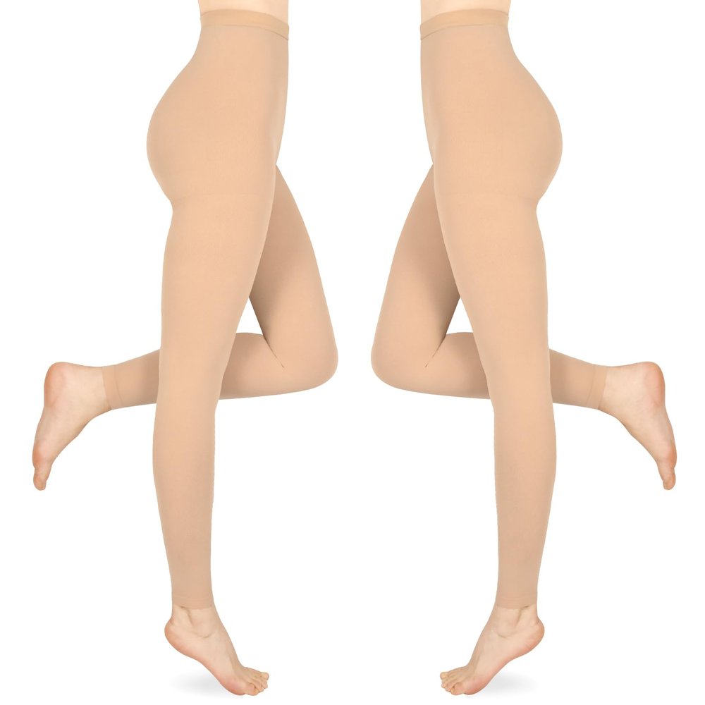 Compression Pantyhose for Women & Men, 2 Pairs 15-20mmHg Medical Graduated Compression Leggings, Opaque Footless Waist High Compression Stockings for Varicose Veins Edema Flight,Beige 2XL