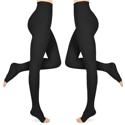 Compression Pantyhose for Women & Men 2 Pairs Open Toe 15-20mmHg Medical Graduated Compression Stockings Waist High Support Tights Opaque Leggings for Varicose Veins Edema Flight,Black 2XL