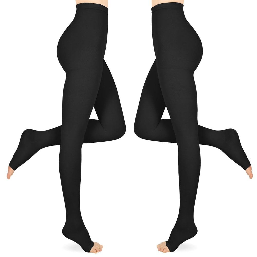 Compression Pantyhose for Women & Men 2 Pairs Open Toe 15-20mmHg Medical Graduated Compression Stockings Waist High Support Tights Opaque Leggings for Varicose Veins Edema Flight,Black 2XL