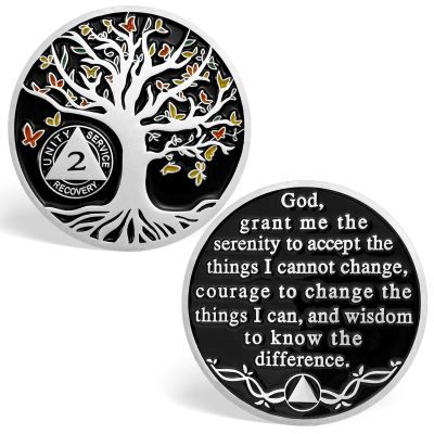 2 Year Sobriety Chips, Butterfly Tree of Life 2 Years Sobriety Coins