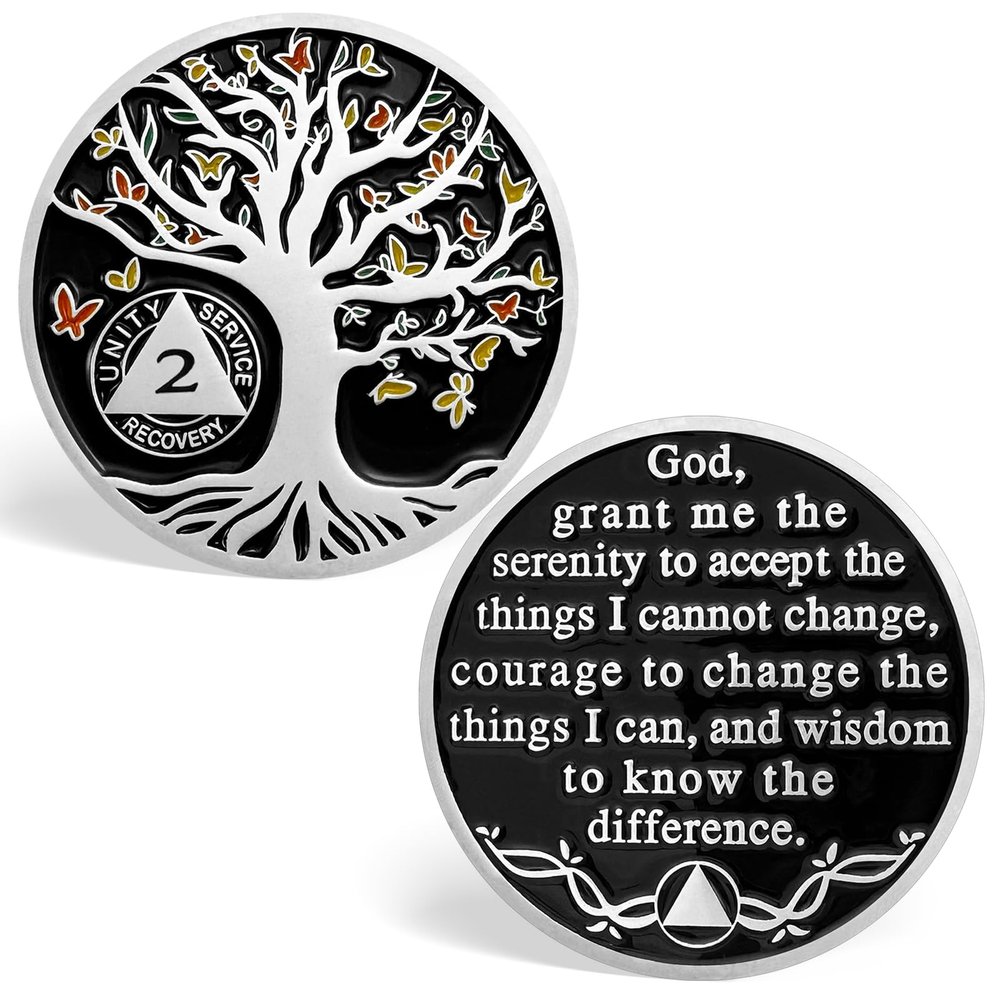 2 Year Sobriety Chips, Butterfly Tree of Life 2 Years Sobriety Coins
