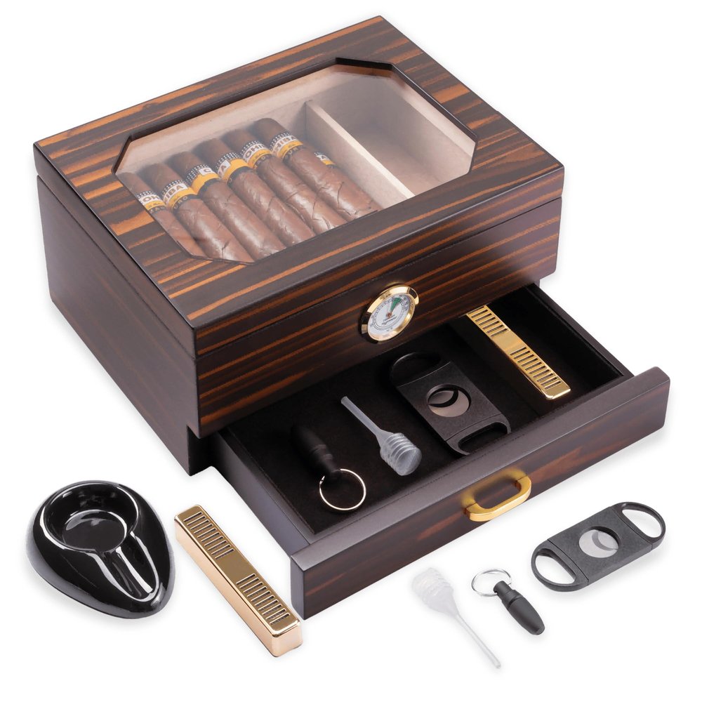 Cigar Humidor Desktop Box with Glass Top, Hygrometer & Humidifier, Spanish Cedar Lined Case with Accessory Drawer, Cutter, Ashtray & Punch, Divider, 2550 Cigar Storage Box, Gift for Men