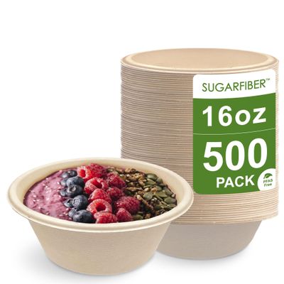 [500 Count]Harvest Pack 16oz PFAS FREE Round Compostable Bowls Bulk, Paper Heavy-Duty Eco-Friendly Disposable Bagasse Acai Bowls, Sugarcane Natural plant fibers for Meal Prep Takeout Dinnerware