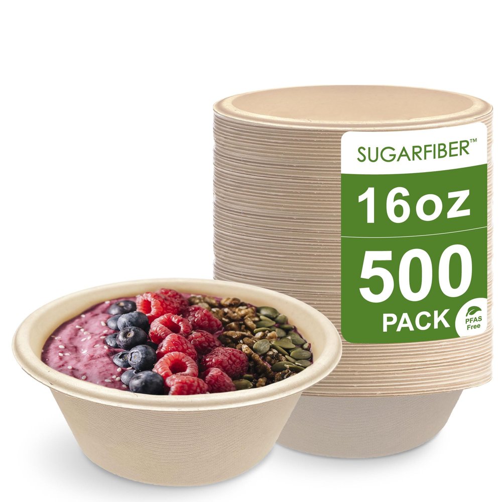 [500 Count]Harvest Pack 16oz PFAS FREE Round Compostable Bowls Bulk, Paper Heavy-Duty Eco-Friendly Disposable Bagasse Acai Bowls, Sugarcane Natural plant fibers for Meal Prep Takeout Dinnerware