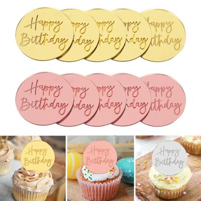 Custom acrylic cake topper,Happy Birthday Cupcake Toppers Gold Acrylic Circle Dessert Cake DIY Decorations Insert Card Kids Birthday Party (S4)