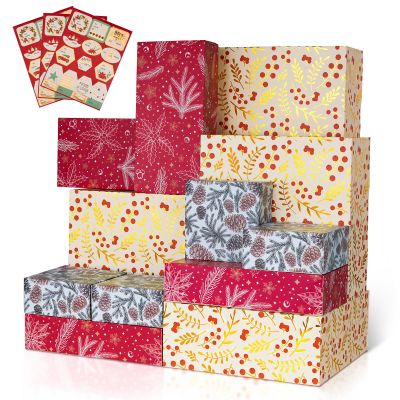 12Pcs Gold Red Green Christmas Pinecone Floral Gift Box w/ Lids, Deep Robe Shirt Box Bulk w/tag, Small Present Cosmetic Gloves Scarf, Hat, Assorted Design & Shape Size LMS, Gift Wrapping Packaging Box