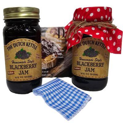 Amish Homemade Style Blackberry Seedless Jam 2/19 Oz Jars With Fabric Toppers