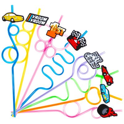 24 PCS Race Car Drinking Crazy Straws for Kids Racing Pit Crew Checkered Flag Race Car Themed Birthday Party Supplies Favors Decorations with 24 PVC Cute Charm, 2 Cleaning Brushes Reusable Straw