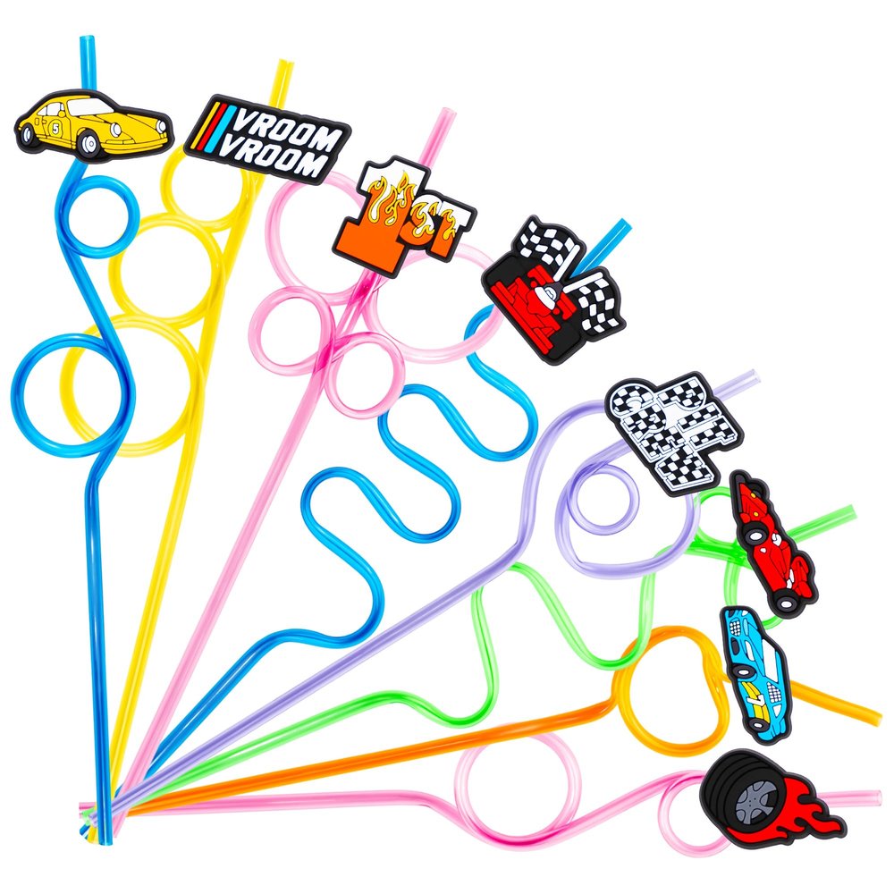 24 PCS Race Car Drinking Crazy Straws for Kids Racing Pit Crew Checkered Flag Race Car Themed Birthday Party Supplies Favors Decorations with 24 PVC Cute Charm, 2 Cleaning Brushes Reusable Straw