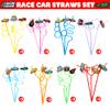 24 PCS Race Car Drinking Crazy Straws for Kids Racing Pit Crew Checkered Flag Race Car Themed Birthday Party Supplies Favors Decorations with 24 PVC Cute Charm, 2 Cleaning Brushes Reusable Straw view 2