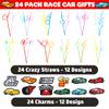 24 PCS Race Car Drinking Crazy Straws for Kids Racing Pit Crew Checkered Flag Race Car Themed Birthday Party Supplies Favors Decorations with 24 PVC Cute Charm, 2 Cleaning Brushes Reusable Straw view 4