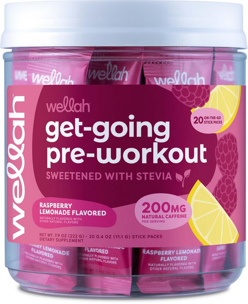 Wellah Get-Going Raspberry Lemonade Flavored Pre-Workout Stickpacks (20 Servings) - with Citrulline Malate and L-Theanine, 200mg of Natural Caffeine & 1000mg of Beta-Alanine