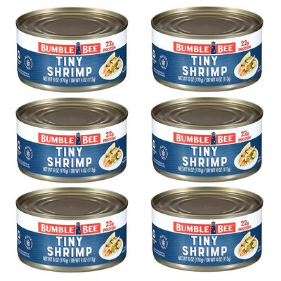 Bumble Bee Tiny Canned Shrimp, 6 oz Can - Shrimp in Water, Cooked, Peeled, Deveined - 22g Protein per Serving - Gluten Free (Pack of 6)