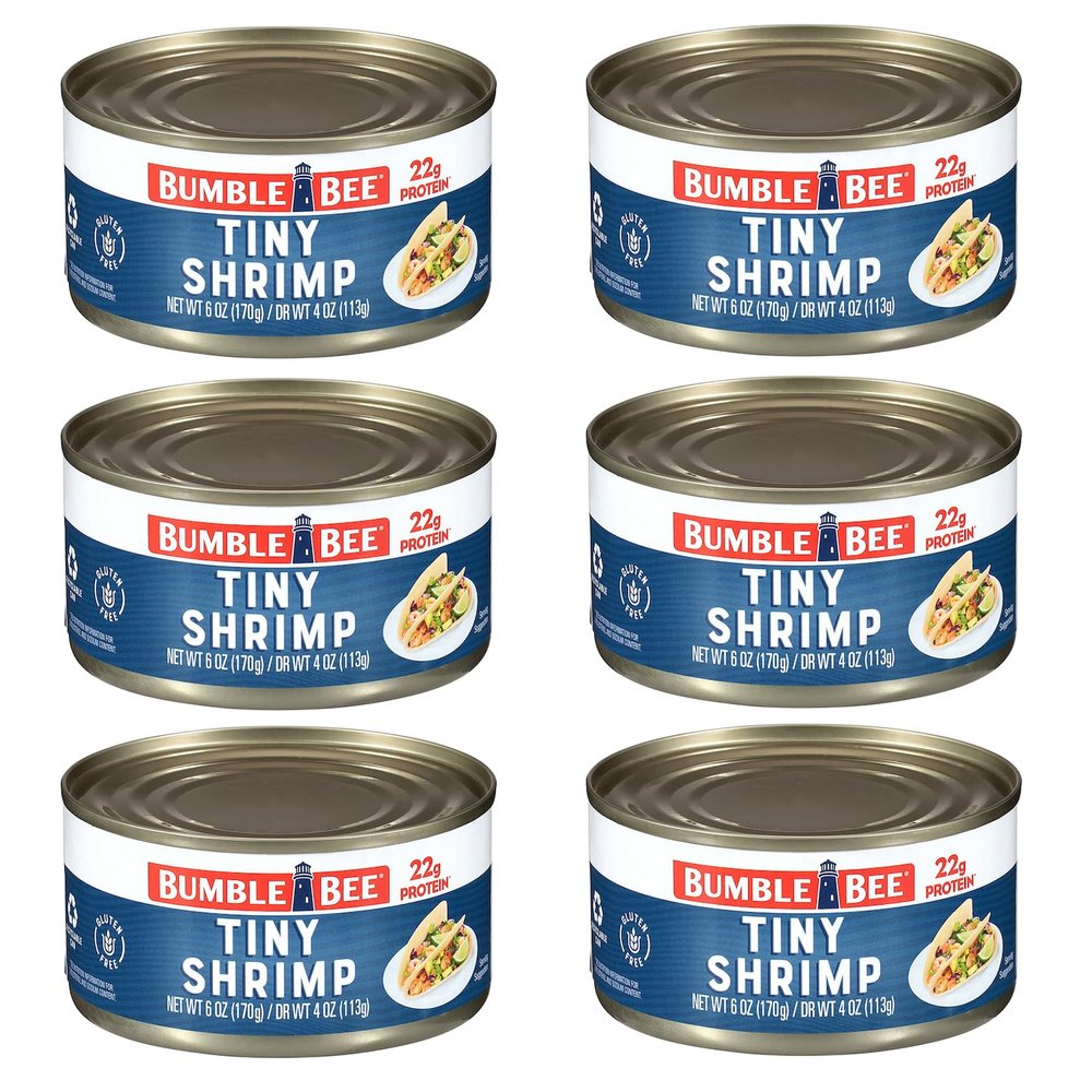Bumble Bee Tiny Canned Shrimp, 6 oz Can - Shrimp in Water, Cooked, Peeled, Deveined - 22g Protein per Serving - Gluten Free (Pack of 6)