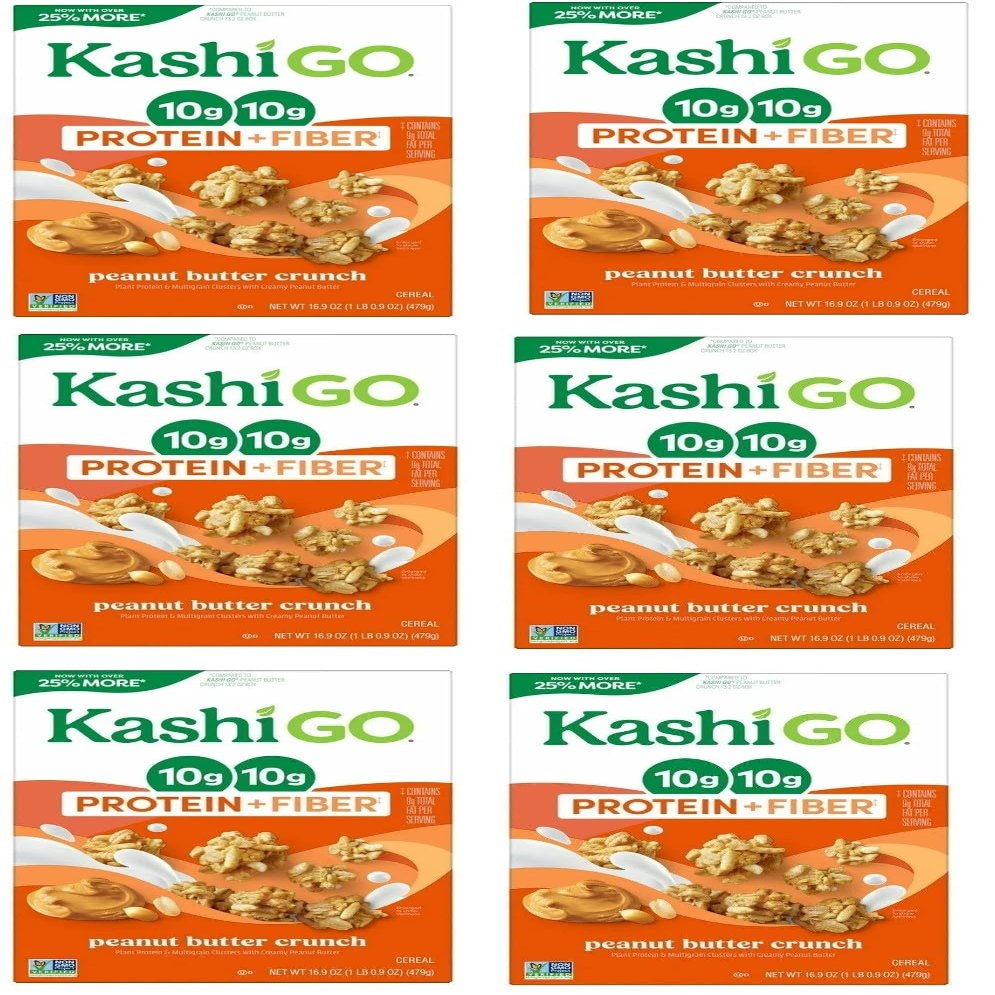 Cold Breakfast Cereal - Vegan Protein - Fiber Cereal - Peanut Butter Crunch byKashi- 16.9 Oz Box - Pack of 6