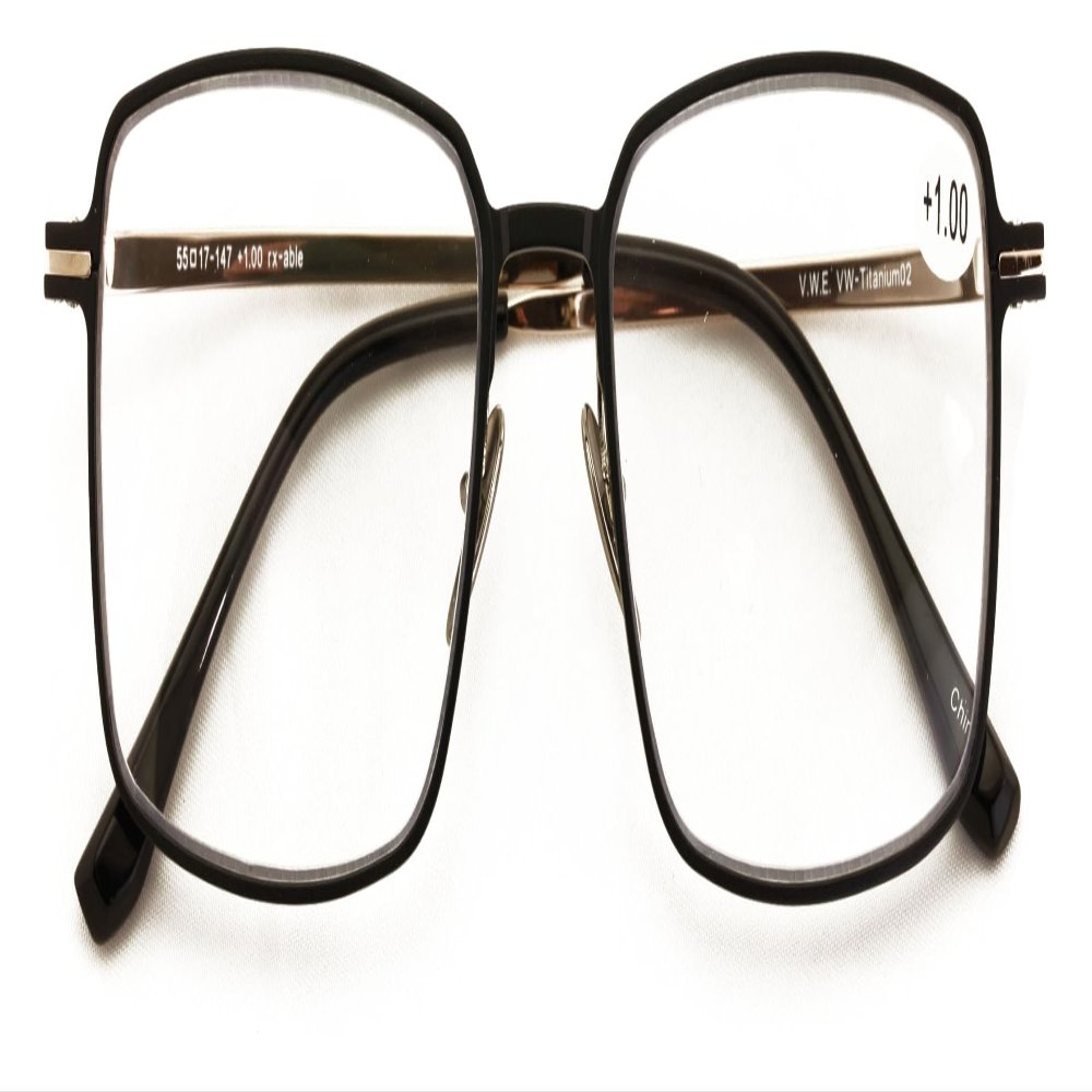 V.W.E. Men Aluminum Optical Frame Wide Fitment Reading Glasses with Titanium Temple Rectangular 144MM Ti02 (Matte Black/Gold, 1.75, x)