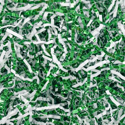 Gloreyan 1/2LB Crinkle Cut Paper Shred, Metallic Green White Raffia Paper Sherd Filler Grass for Christmas Easter Grass Gift Wrapping Basket Filling Birthdays Weddings Party Supply