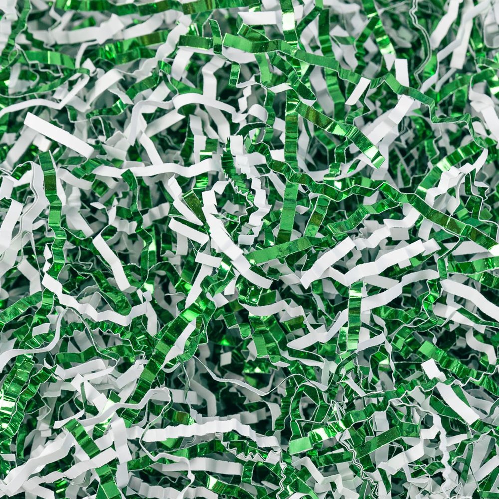 Gloreyan 1/2LB Crinkle Cut Paper Shred, Metallic Green White Raffia Paper Sherd Filler Grass for Christmas Easter Grass Gift Wrapping Basket Filling Birthdays Weddings Party Supply
