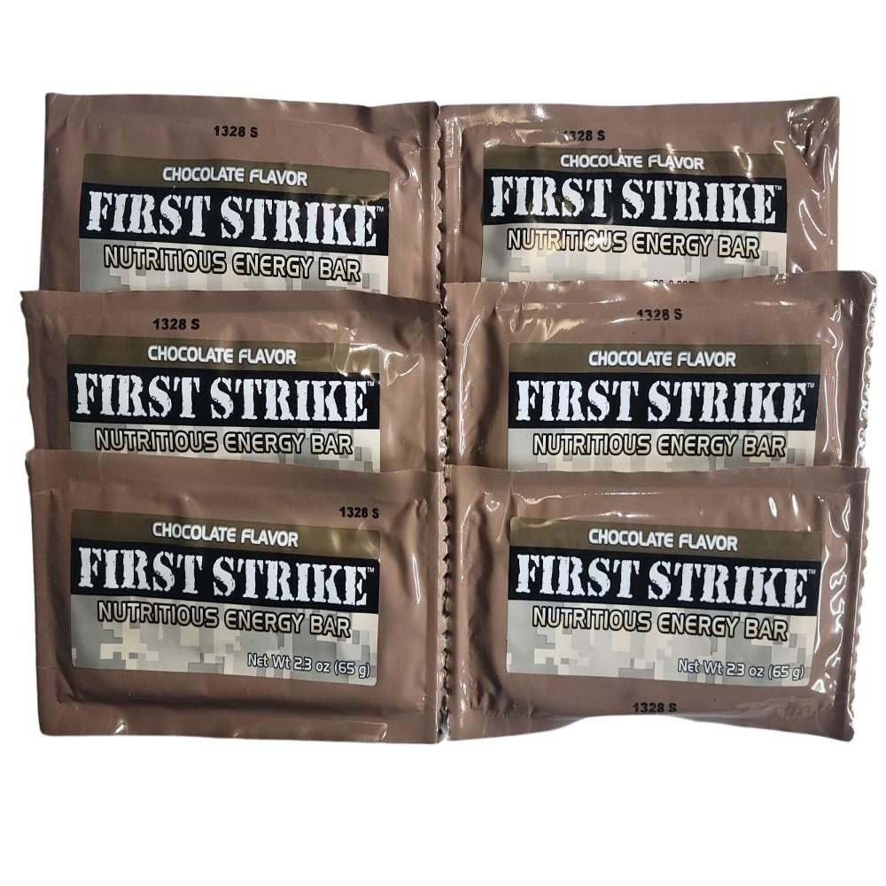 First Strike Bar, Chocolate Flavor - Full Size (2.3 oz.) Nutritious Energy Bar. Authentic USGI MRE dessert component available in 6, 12, 24, 48 and 100 Packs (6)