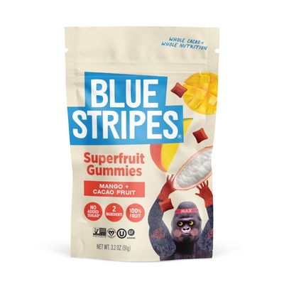 Blue Stripes Cacao Superfruit Gummies - Vegan Chewy Fruity Snack, No Sugar Added 100% Fruit Gummy, 9 Essential Vitamins & Minerals, Natural Tropical Superfood - Mango & Cacao Fruit, 3.2oz
