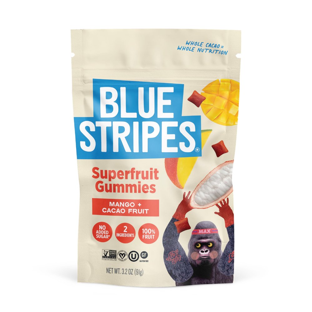 Blue Stripes Cacao Superfruit Gummies - Vegan Chewy Fruity Snack, No Sugar Added 100% Fruit Gummy, 9 Essential Vitamins & Minerals, Natural Tropical Superfood - Mango & Cacao Fruit, 3.2oz