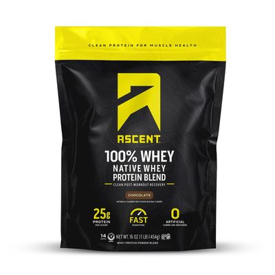 Ascent 100% Whey Protein Powder - Post Workout Whey Protein Isolate, Zero Artificial Flavors & Sweeteners, Gluten Free, 5.5g BCAA, 2.6g Leucine, Essential Amino Acids, Chocolate 1 lb