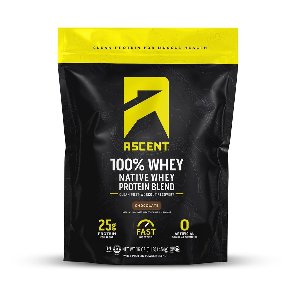 Ascent 100% Whey Protein Powder - Post Workout Whey Protein Isolate, Zero Artificial Flavors & Sweeteners, Gluten Free, 5.5g BCAA, 2.6g Leucine, Essential Amino Acids, Chocolate 1 lb