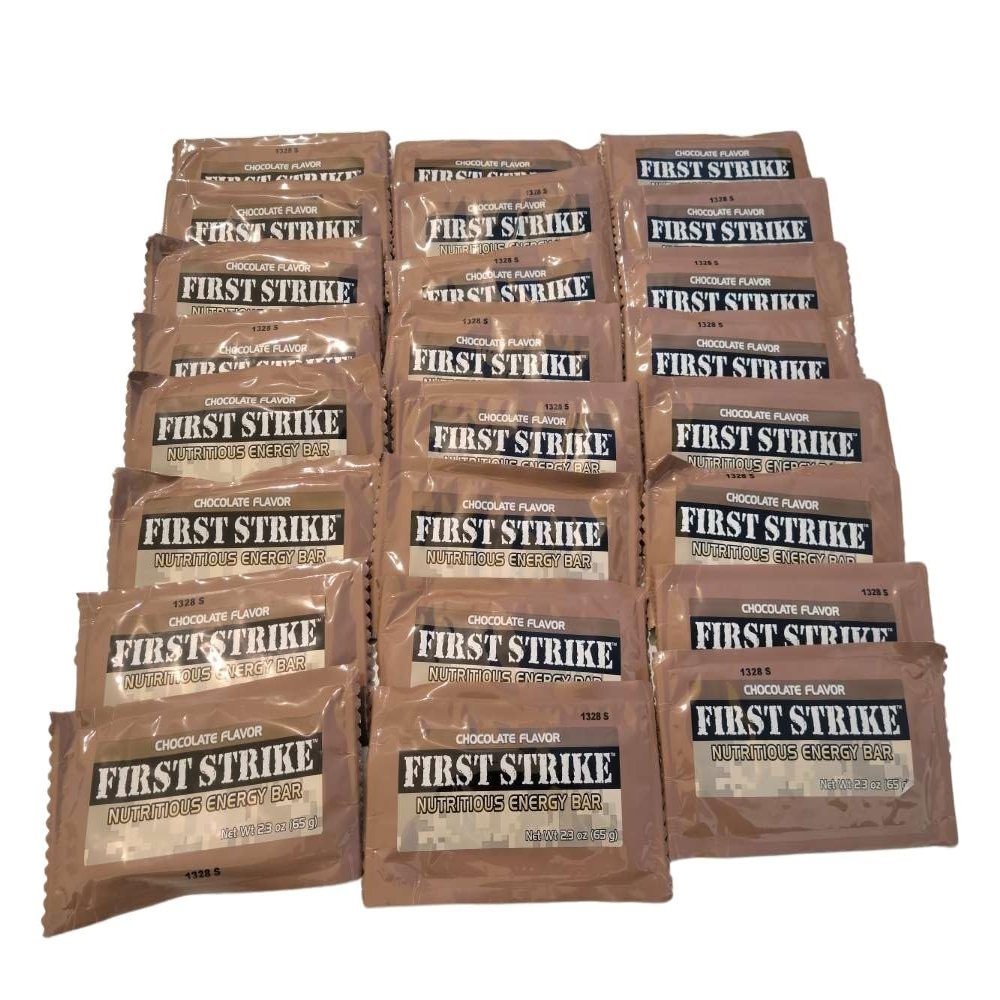 First Strike Bar, Chocolate Flavor - Full Size (2.3 oz.) Nutritious Energy Bar. Authentic USGI MRE dessert component available in 6, 12, 24, 48 and 100 Packs (24)