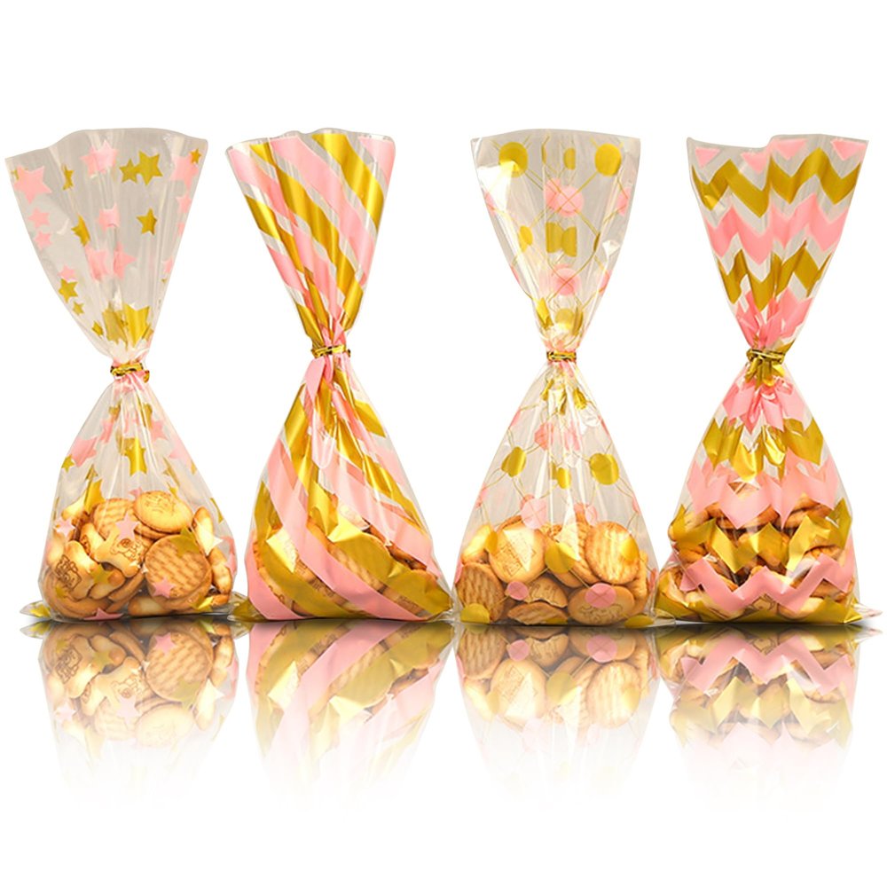 50Pcs Cellophane Treat Bags,5x11 Inch Clear Plastic Candy Gift Bags with Twist Ties,Stripes Polka Dot Printed Pattern Cookie Goodie Bags for Baby Shower Birthday Wedding Party Favor Supplies (Pink Gold)