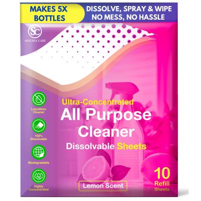 Soluble Care: All Purpose Lemon Scent Cleaning Sheets + Bonus Sample Pack (Multi-Surface Earth-Friendly Solution for Kitchen, Bathroom, Home & Office), 10-Pack