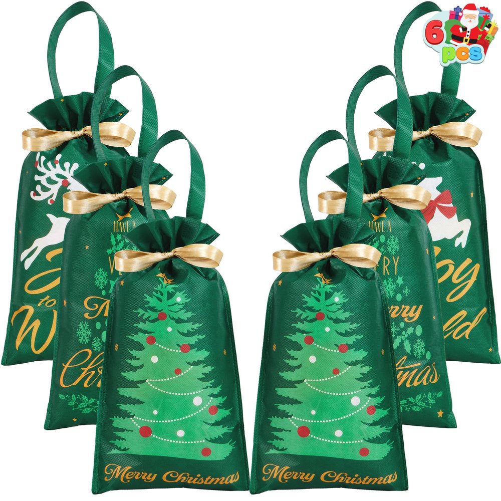 JOYIN 6 PCS Christmas Drawstring Gift Bags Present Wrap Reusable Non-woven fabrics Bags with Handle for Xmas Party Decoration Jewelry Pouch Festivals Supplies (17" x 8.5")