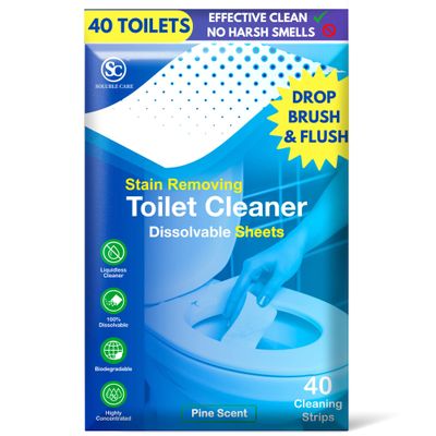 Soluble Care: Dissolvable Toilet Bowl Cleaner Sheets (No Bottles, Easy Clean, Quick-Dissolving, Mess-Free, Septic-Safe Cleaning for Home & Office) - 40 Sheets, Pine Scent