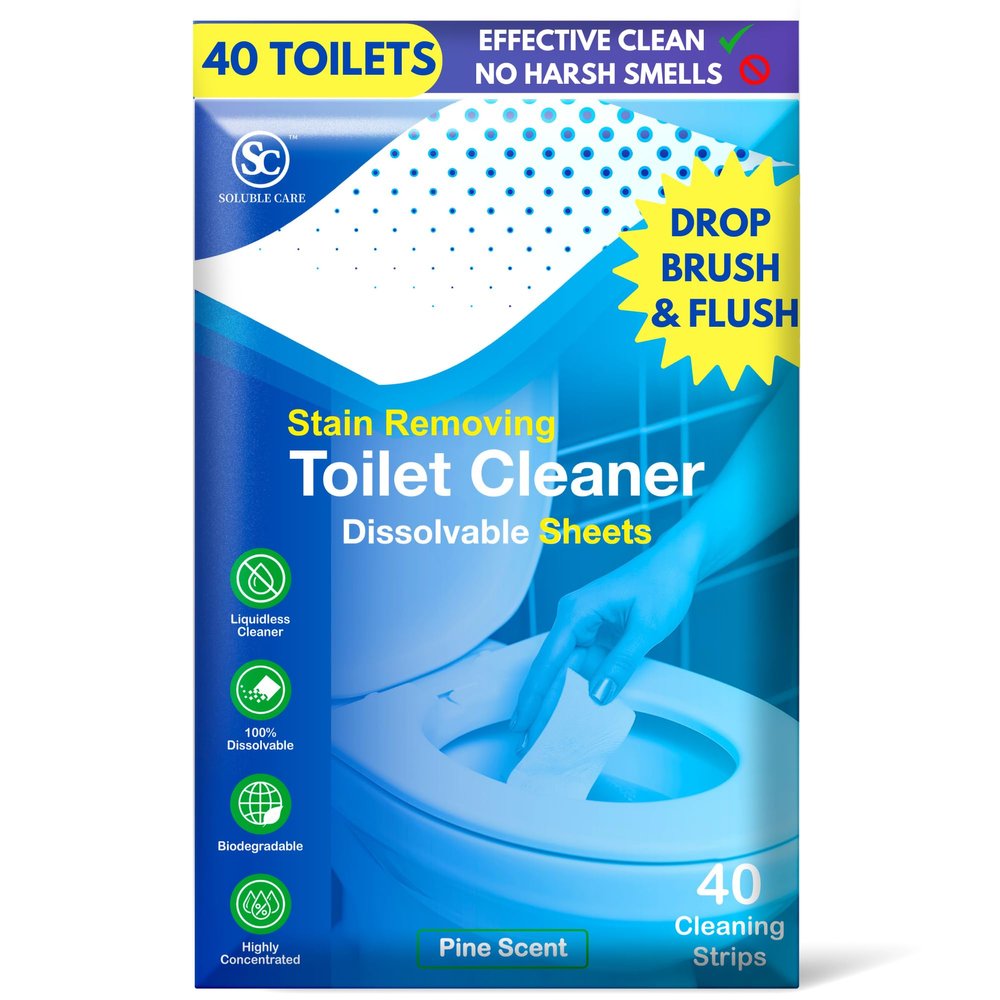 Soluble Care: Dissolvable Toilet Bowl Cleaner Sheets (No Bottles, Easy Clean, Quick-Dissolving, Mess-Free, Septic-Safe Cleaning for Home & Office) - 40 Sheets, Pine Scent